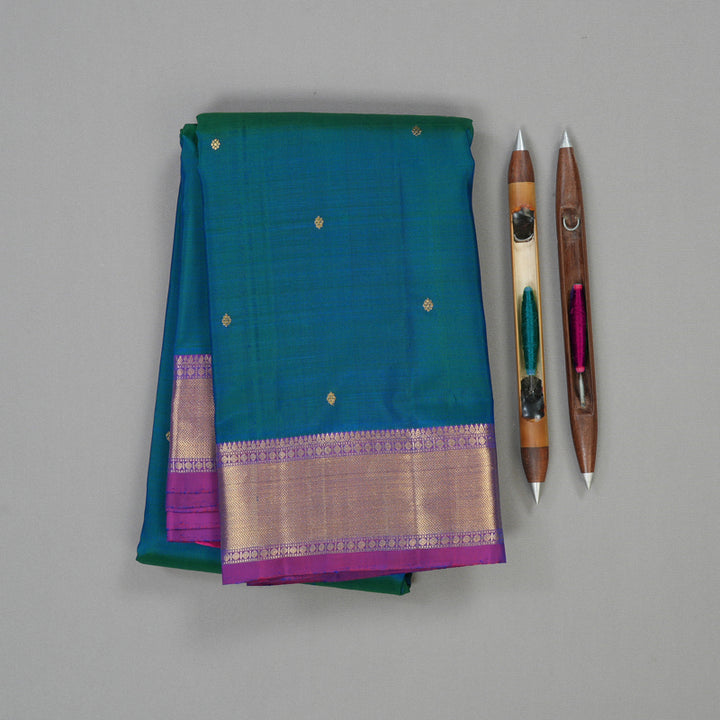 Hayagrivas Handloom Kanjivaram silk saree in Peacock blue with purple contrast KBE330E1-3