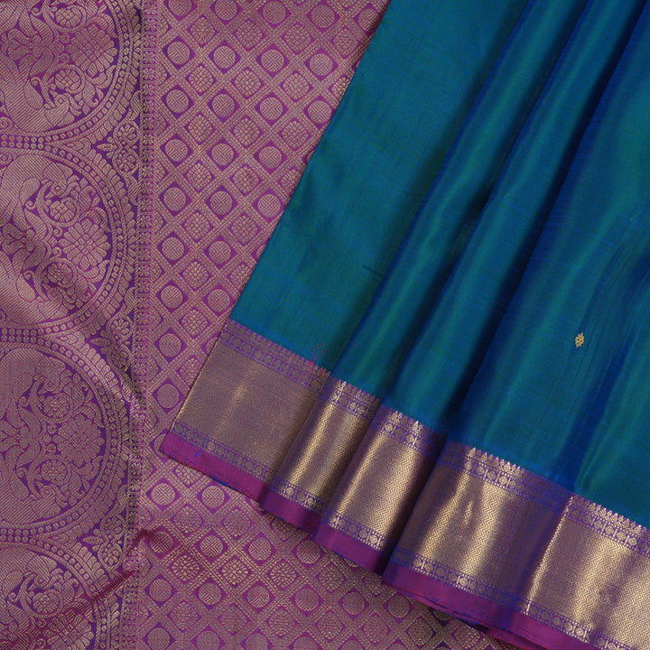 Hayagrivas Handloom Kanjivaram silk saree in Peacock blue with purple contrast KBE330E1-3
