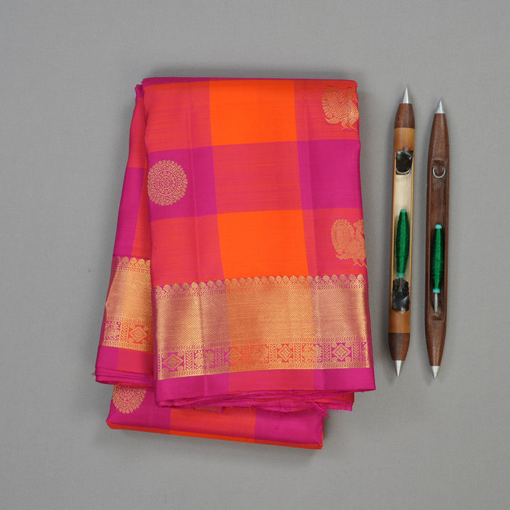 Hayagrivas Handloom Pure Kanjivaram Silk Saree in Opulent Orange with Pink Checks KBE330E2-1