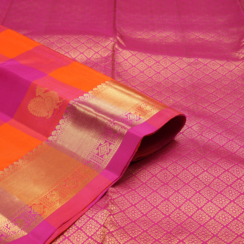 Hayagrivas Handloom Pure Kanjivaram Silk Saree in Opulent Orange with Pink Checks KBE330E2-1
