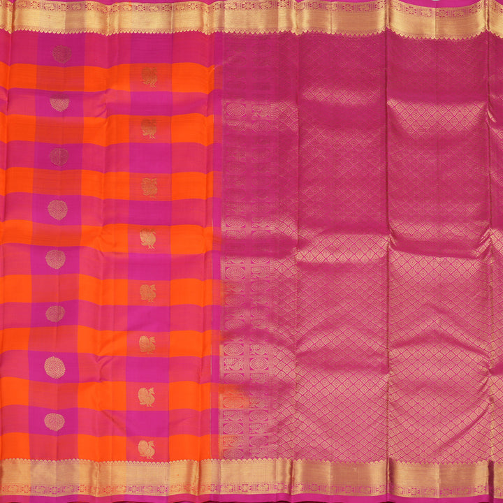 Hayagrivas Handloom Pure Kanjivaram Silk Saree in Opulent Orange with Pink Checks KBE330E2-1
