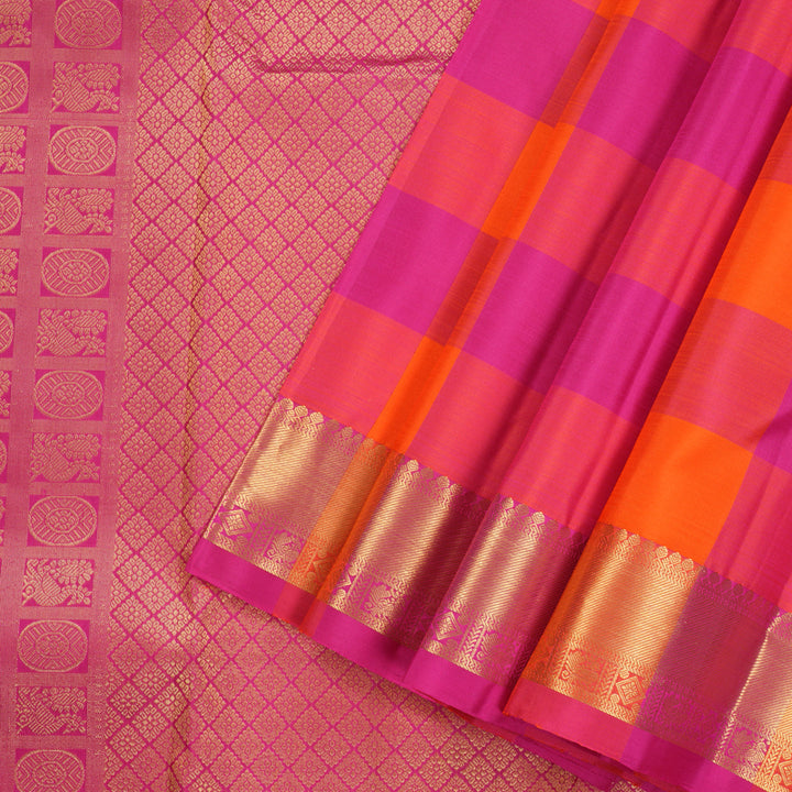 Hayagrivas Handloom Pure Kanjivaram Silk Saree in Opulent Orange with Pink Checks KBE330E2-1