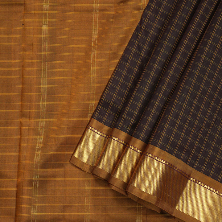 Hayagrivas Dark Brown Handloom Kanjivaram Ten Yards Silk Saree with Honey Mustard Border KBE332E2-24