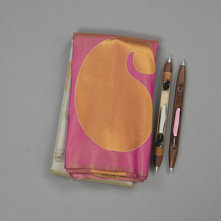 Hayagrivas Beige Handloom Kanjivaram Silk Saree with Onion Pink Border KBE335E1-1