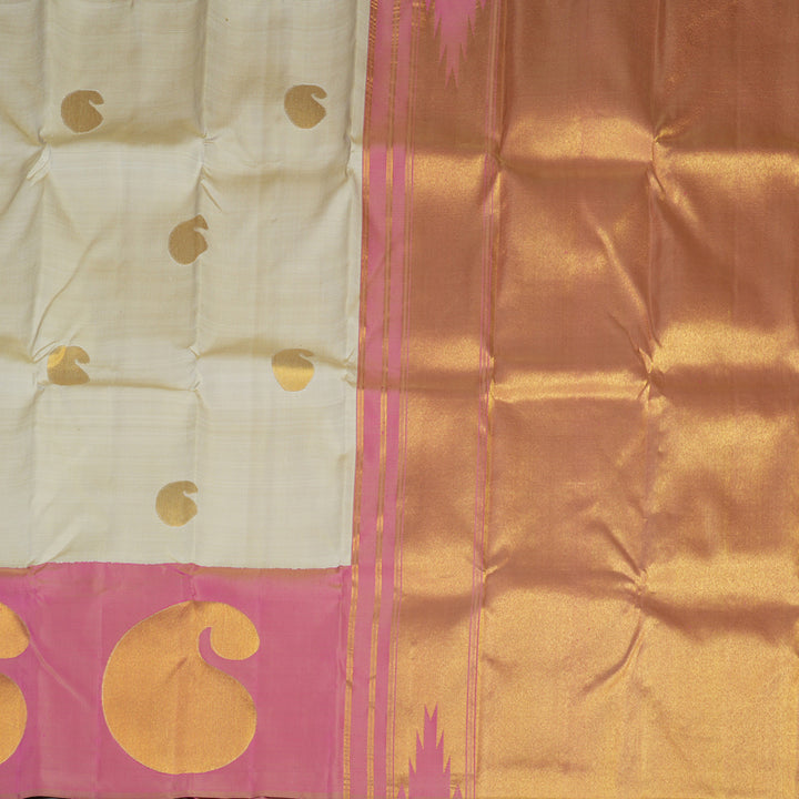 Hayagrivas Beige Handloom Kanjivaram Silk Saree with Onion Pink Border KBE335E1-1