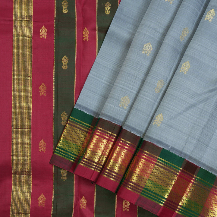 Hayagrivas Handloom Kanjivaram silk saree in Elegant Grey with maroon and green border KBE336E2-1