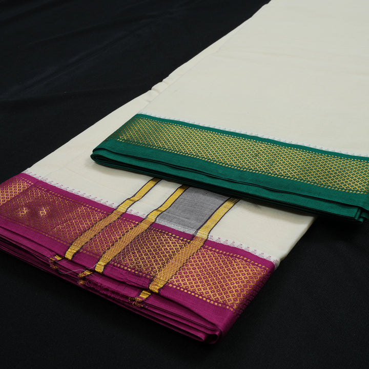 Hayagrivas Handloom Cotton Dhoti 9*5 with Ganga Jamuna border KBE339E1-1