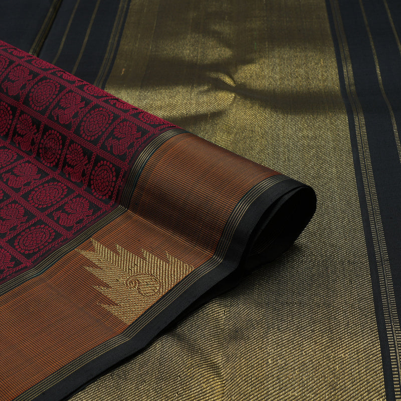 Hayagrivas Handloom Pure Black & Maroon Kanjivaram Silk Saree with Burnt Orange Border KBE345E1-1