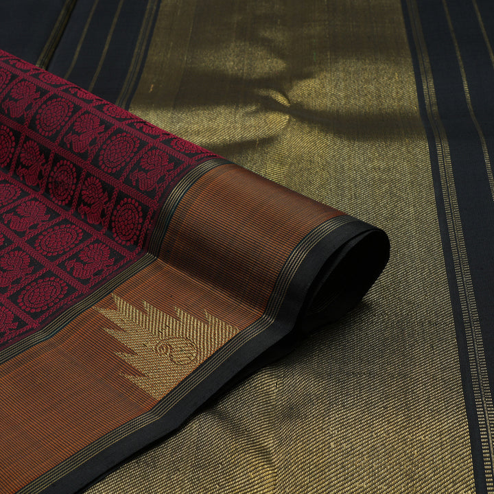 Hayagrivas Handloom Pure Black & Maroon Kanjivaram Silk Saree with Burnt Orange Border KBE345E1-1