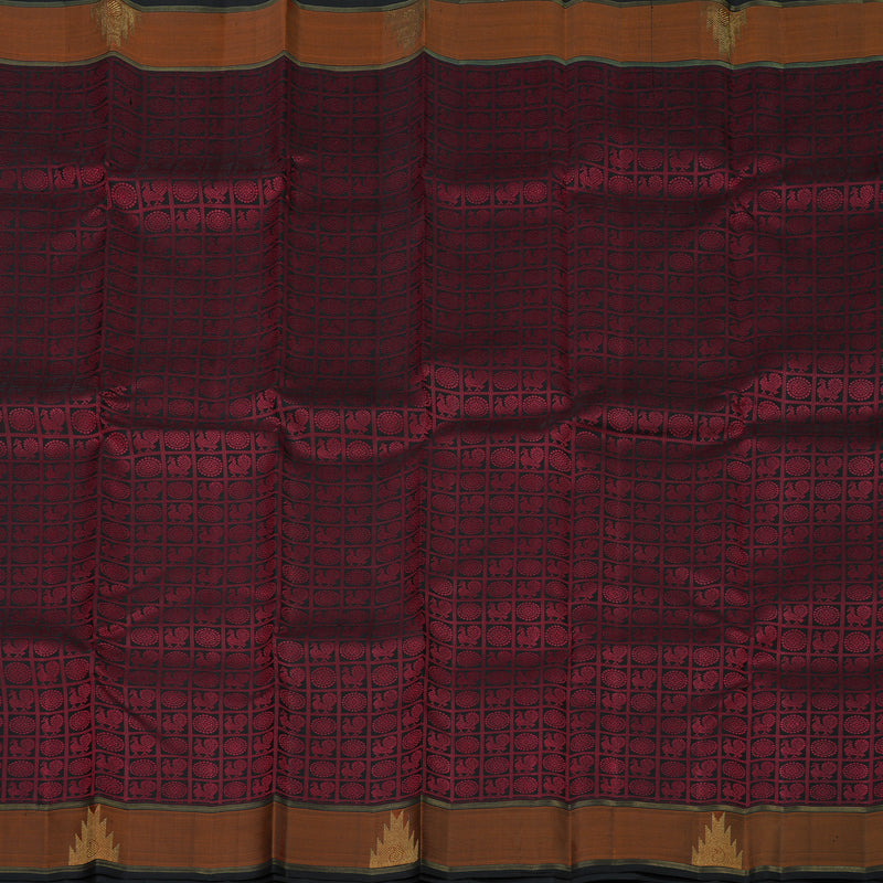 Hayagrivas Handloom Pure Black & Maroon Kanjivaram Silk Saree with Burnt Orange Border KBE345E1-1