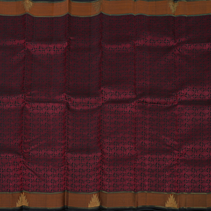 Hayagrivas Handloom Pure Black & Maroon Kanjivaram Silk Saree with Burnt Orange Border KBE345E1-1