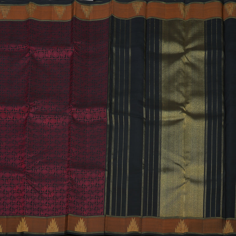 Hayagrivas Handloom Pure Black & Maroon Kanjivaram Silk Saree with Burnt Orange Border KBE345E1-1