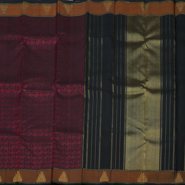 Hayagrivas Handloom Pure Black & Maroon Kanjivaram Silk Saree with Burnt Orange Border KBE345E1-1