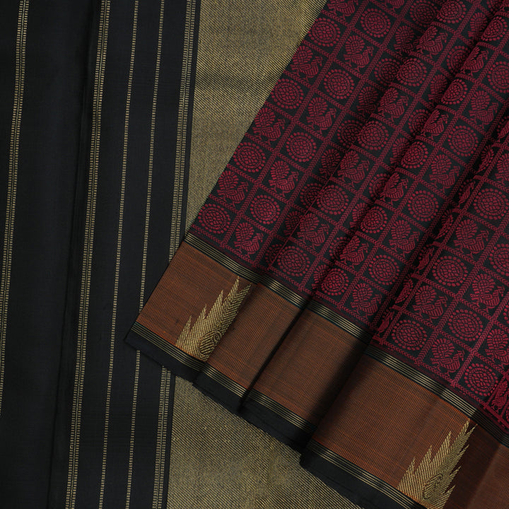 Hayagrivas Handloom Pure Black & Maroon Kanjivaram Silk Saree with Burnt Orange Border KBE345E1-1
