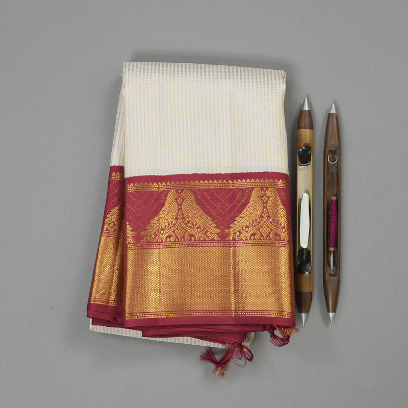 Hayagrivas White Handloom Kanjivaram Silk Saree with Maroon Border KBE358E5-1
