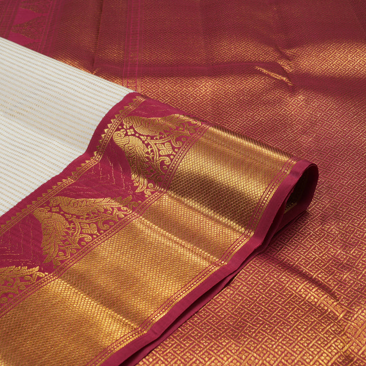 Hayagrivas White Handloom Kanjivaram Silk Saree with Maroon Border KBE358E5-1