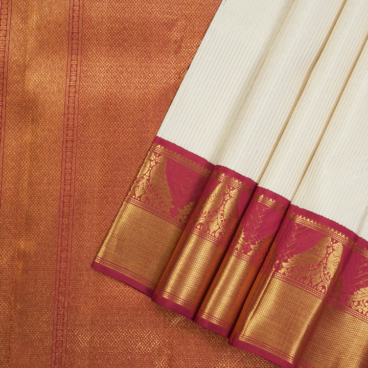 Hayagrivas White Handloom Kanjivaram Silk Saree with Maroon Border KBE358E5-1