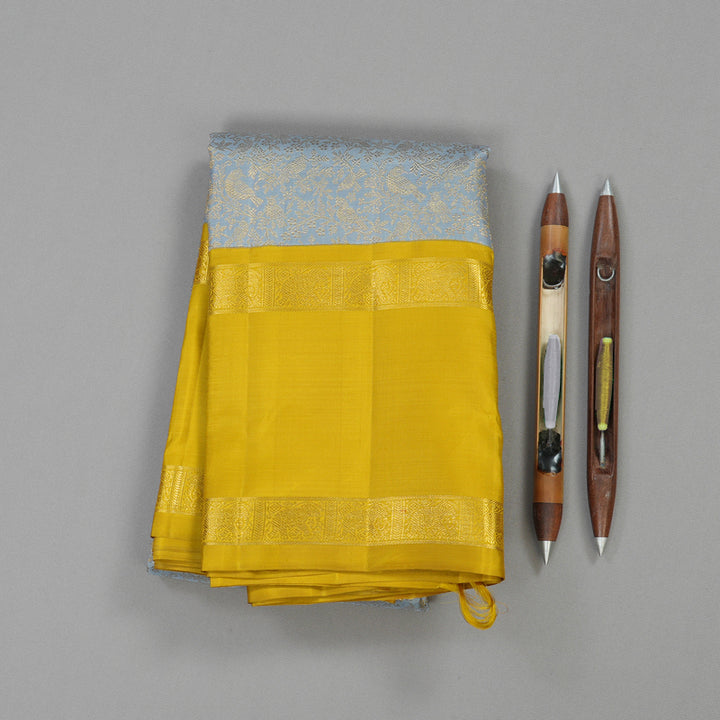 Hayagrivas Handloom Kanjivaram silk saree in Bridal Silverish grey with lemon yellow KBE358E8-1