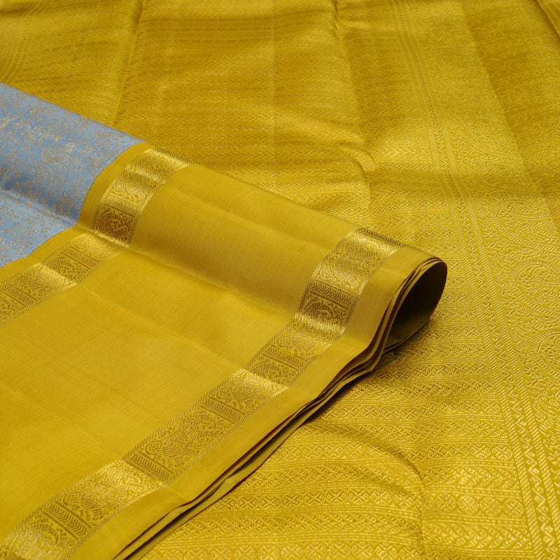 Hayagrivas Handloom Kanjivaram silk saree in Bridal Silverish grey with lemon yellow KBE358E8-1
