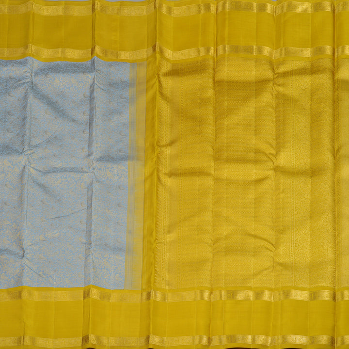 Hayagrivas Handloom Kanjivaram silk saree in Bridal Silverish grey with lemon yellow KBE358E8-1