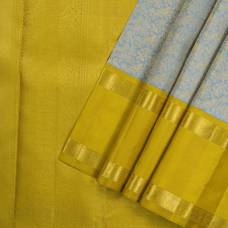 Hayagrivas Handloom Kanjivaram silk saree in Bridal Silverish grey with lemon yellow KBE358E8-1