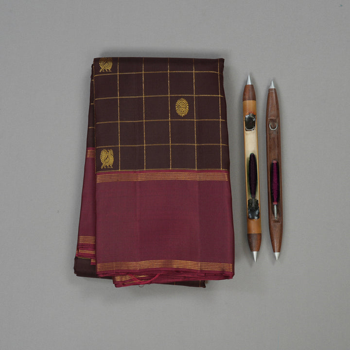Hayagrivas Dark Brown Handloom Kanjivaram Silk Saree with Wine Purple Border KBE367E3-2