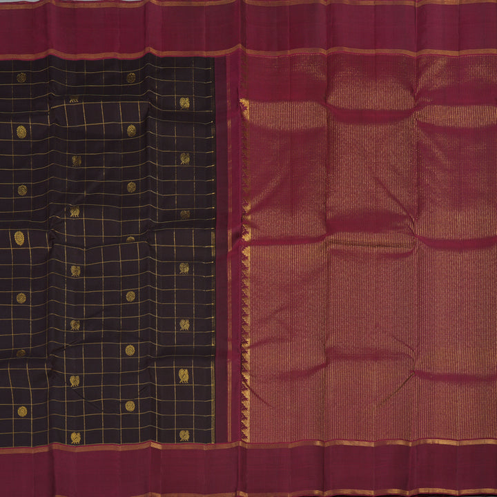 Hayagrivas Dark Brown Handloom Kanjivaram Silk Saree with Wine Purple Border KBE367E3-2