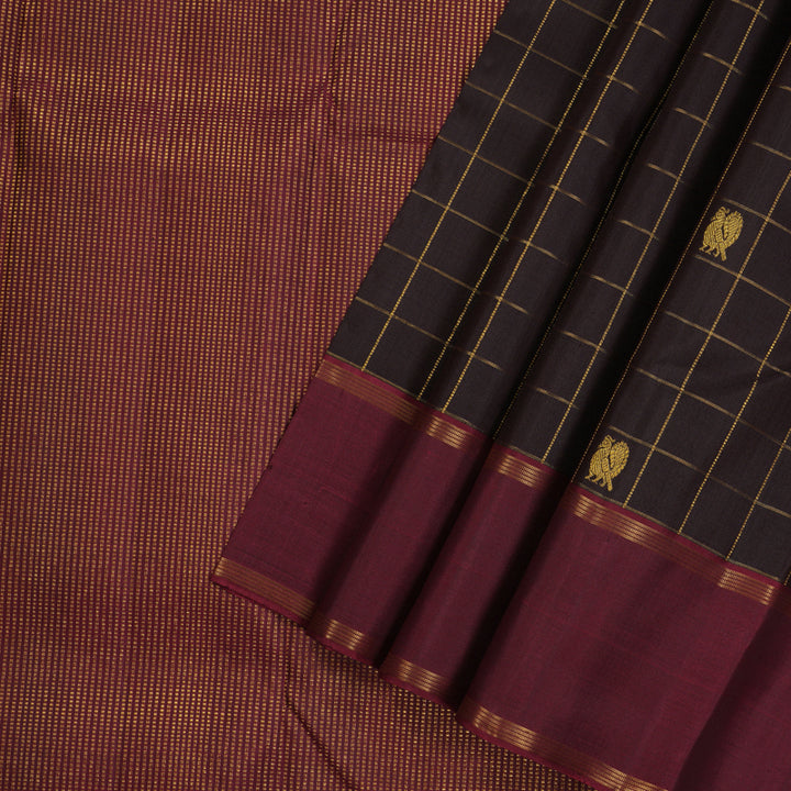 Hayagrivas Dark Brown Handloom Kanjivaram Silk Saree with Wine Purple Border KBE367E3-2