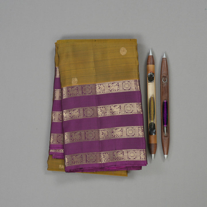 Hayagrivas Honey Mustard Handloom Kanjivaram Silk Saree with Purple Border KBE369E4-1