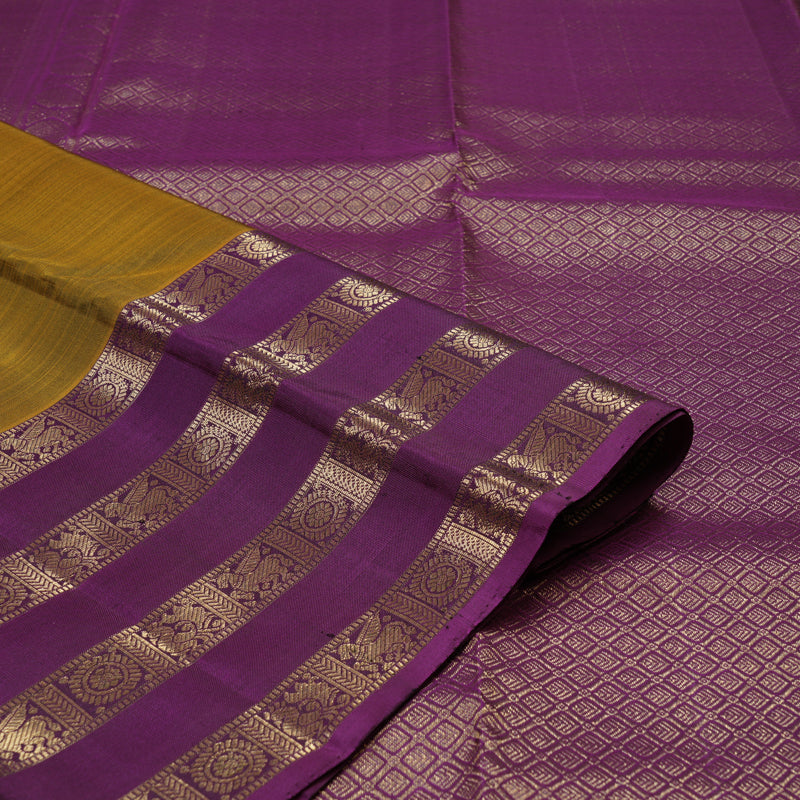 Hayagrivas Honey Mustard Handloom Kanjivaram Silk Saree with Purple Border KBE369E4-1