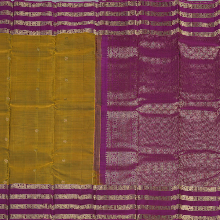 Hayagrivas Honey Mustard Handloom Kanjivaram Silk Saree with Purple Border KBE369E4-1