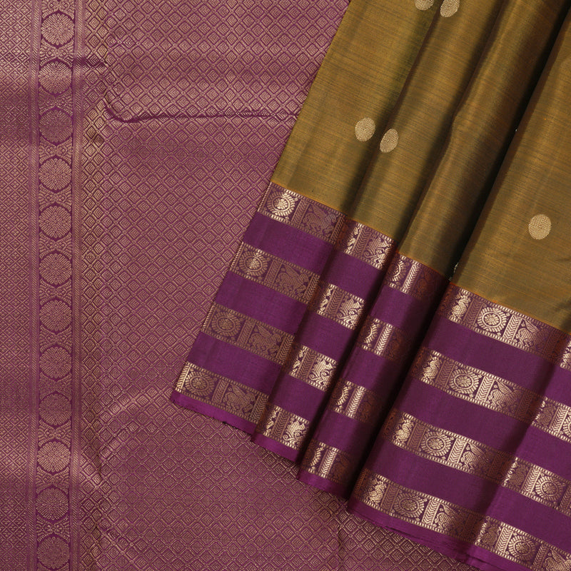 Hayagrivas Honey Mustard Handloom Kanjivaram Silk Saree with Purple Border KBE369E4-1