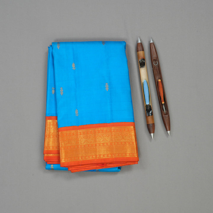 Hayagrivas Handloom Ananda Blue Kanjivaram Silk Saree with Orange Border KBE36D1-3