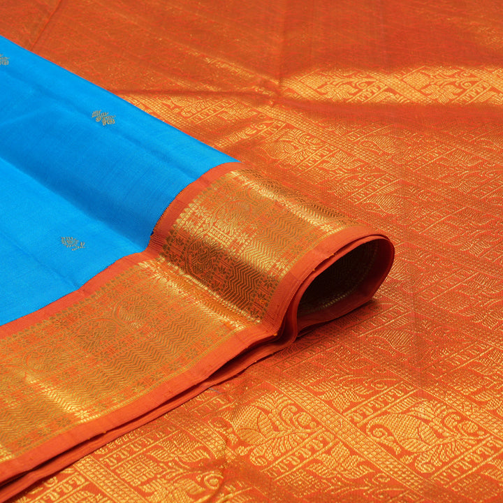 Hayagrivas Handloom Ananda Blue Kanjivaram Silk Saree with Orange Border KBE36D1-3