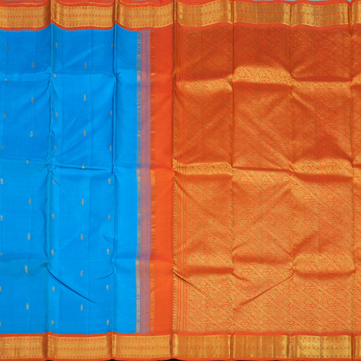 Hayagrivas Handloom Ananda Blue Kanjivaram Silk Saree with Orange Border KBE36D1-3