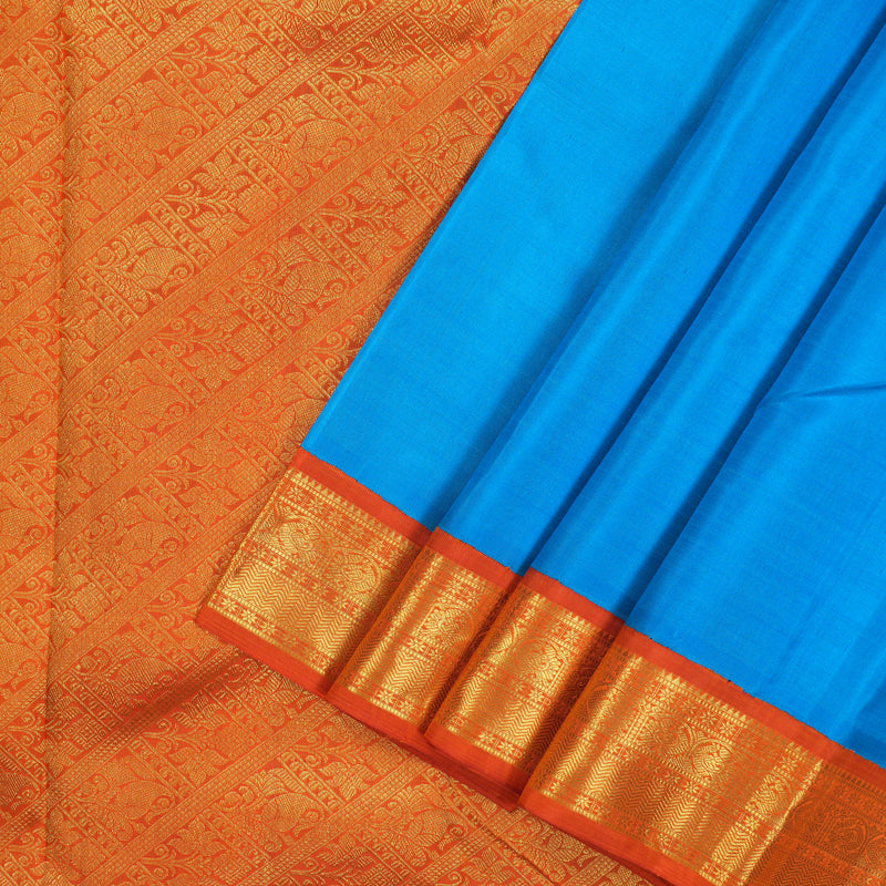 Hayagrivas Handloom Ananda Blue Kanjivaram Silk Saree with Orange Border KBE36D1-3