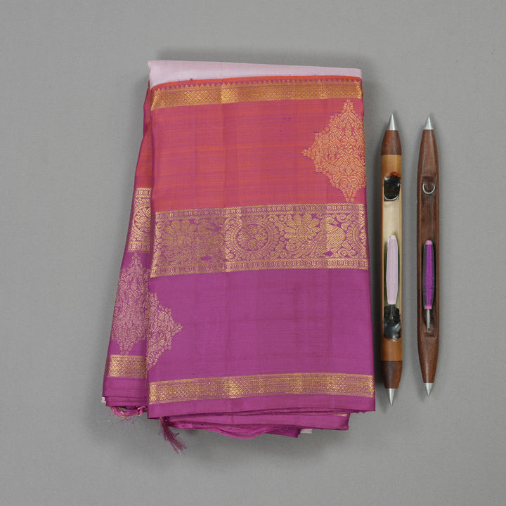 Hayagrivas Light Baby Pink Handloom Kanjivaram Silk Saree with Orange And Purple Border KBE371E2-1
