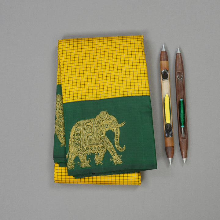Hayagrivas Yellow Handloom Kanjivaram Silk Saree with Bottle Green Border KBE375E1-2