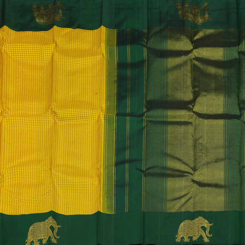 Hayagrivas Yellow Handloom Kanjivaram Silk Saree with Bottle Green Border KBE375E1-2