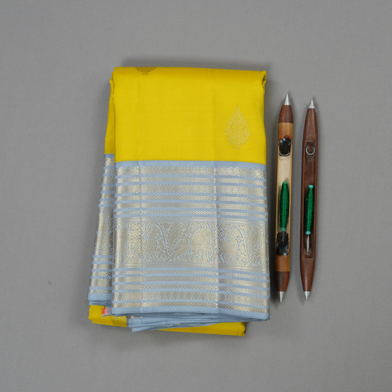 Hayagrivas Lemon Yellow Handloom Kanjivaram Silk Saree with Silver Grey Border KBE376E1-1