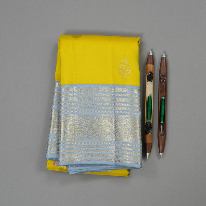 Hayagrivas Lemon Yellow Handloom Kanjivaram Silk Saree with Silver Grey Border KBE376E1-1