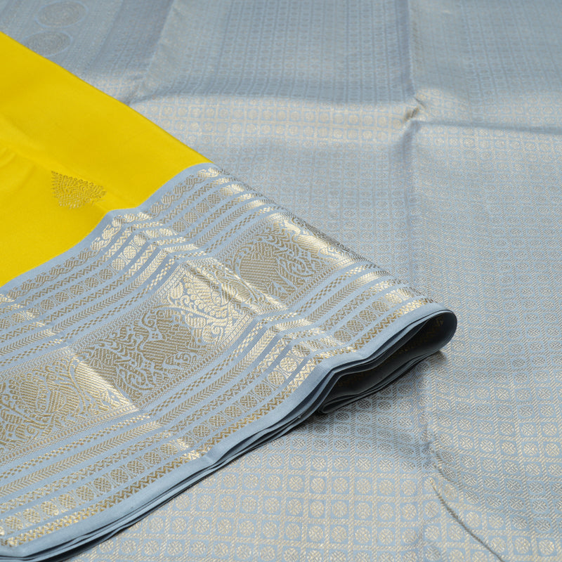 Hayagrivas Lemon Yellow Handloom Kanjivaram Silk Saree with Silver Grey Border KBE376E1-1