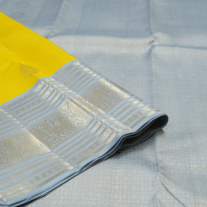 Hayagrivas Lemon Yellow Handloom Kanjivaram Silk Saree with Silver Grey Border KBE376E1-1