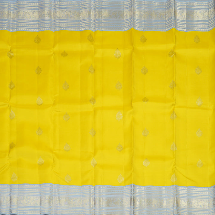 Hayagrivas Lemon Yellow Handloom Kanjivaram Silk Saree with Silver Grey Border KBE376E1-1