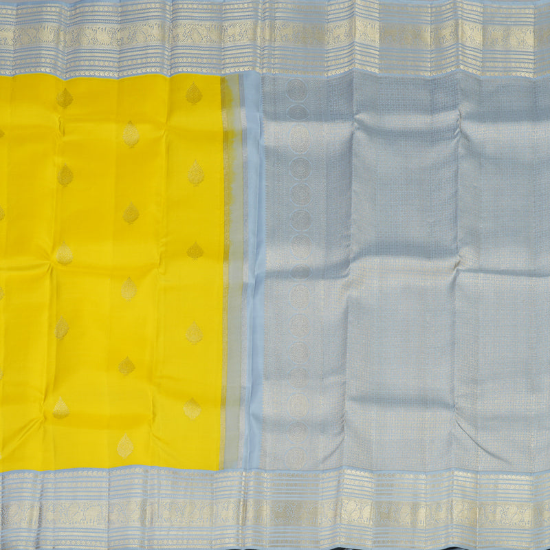 Hayagrivas Lemon Yellow Handloom Kanjivaram Silk Saree with Silver Grey Border KBE376E1-1