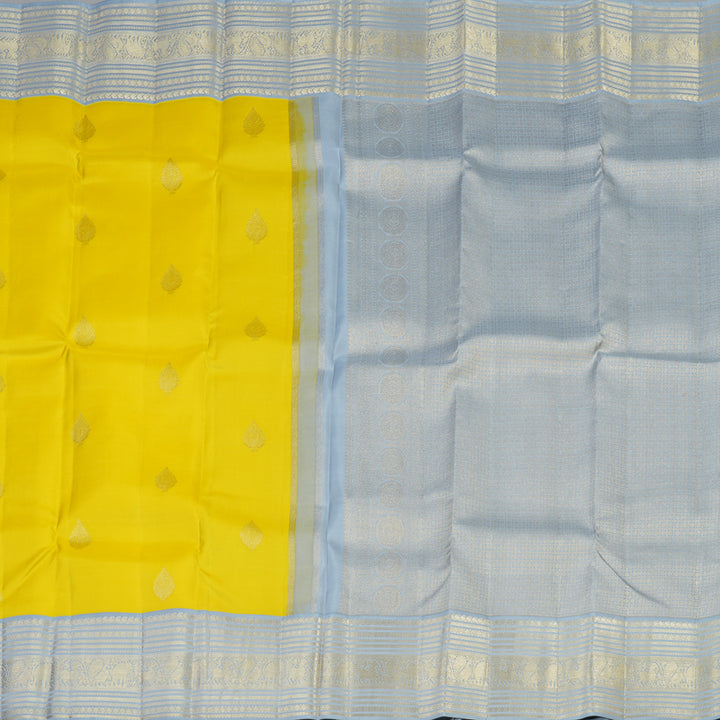 Hayagrivas Lemon Yellow Handloom Kanjivaram Silk Saree with Silver Grey Border KBE376E1-1
