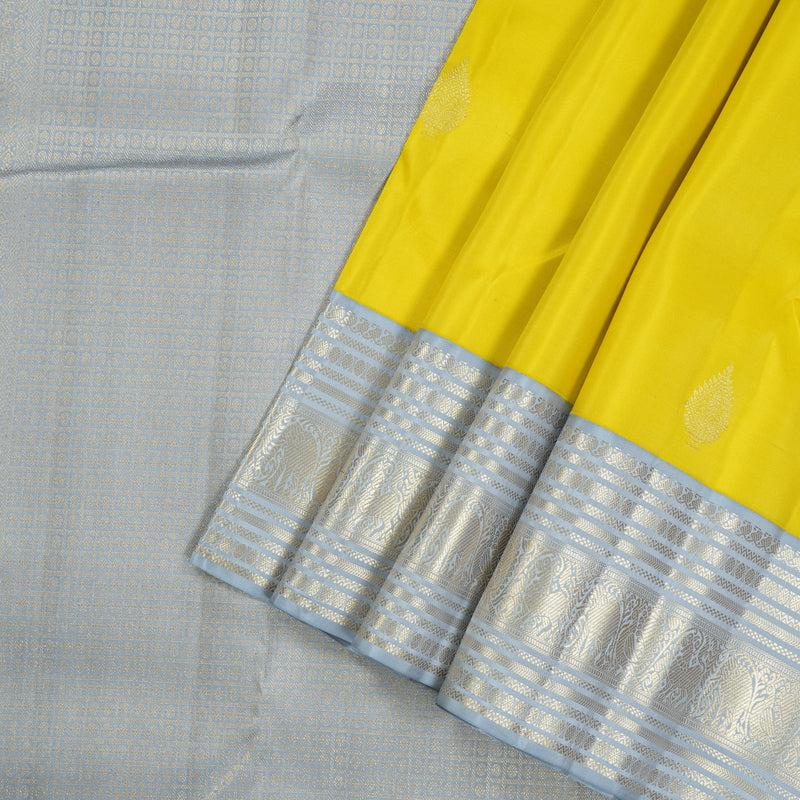 Hayagrivas Lemon Yellow Handloom Kanjivaram Silk Saree with Silver Grey Border KBE376E1-1