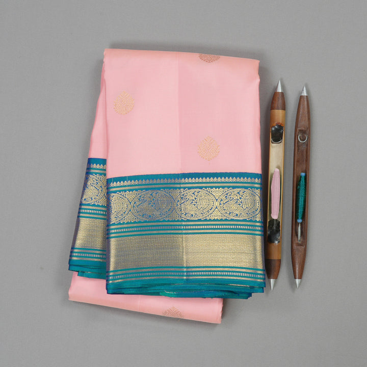 Hayagrivas Baby Pink Handloom Kanjivaram Silk Saree with Peacock Blue Border KBE376E1-5