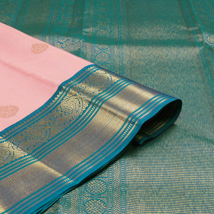 Hayagrivas Baby Pink Handloom Kanjivaram Silk Saree with Peacock Blue Border KBE376E1-5