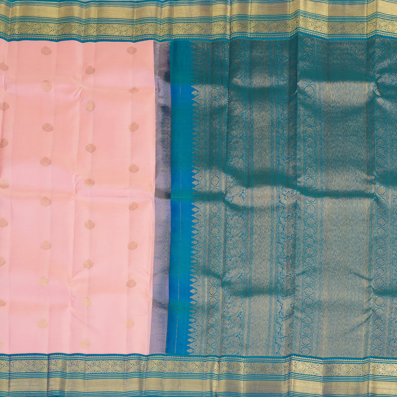 Hayagrivas Baby Pink Handloom Kanjivaram Silk Saree with Peacock Blue Border KBE376E1-5